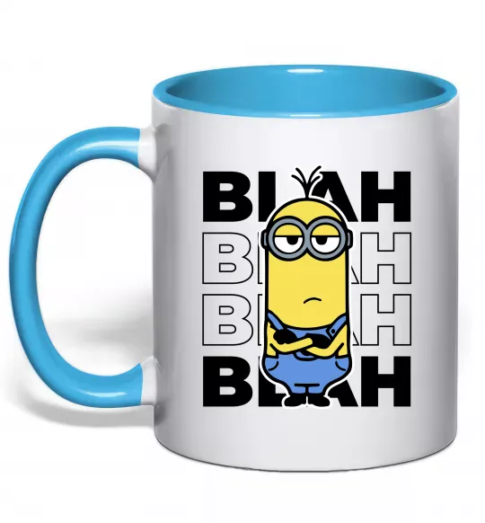 Чашка з кольоровою ручкою Minion blah blah Блакитний фото