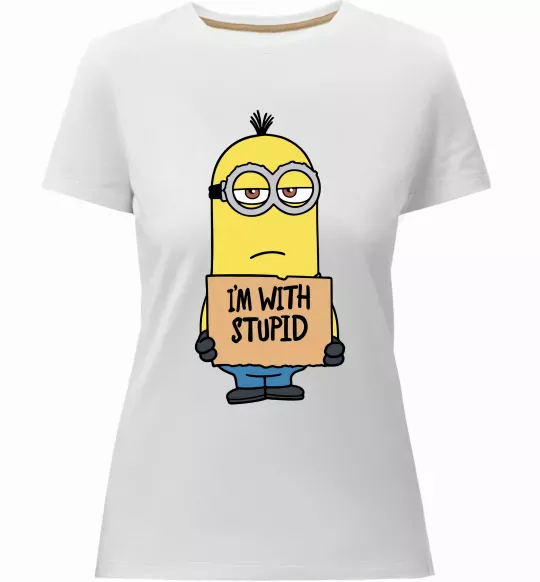 Женская премиум футболка Minion I`m with stupid Белый фото