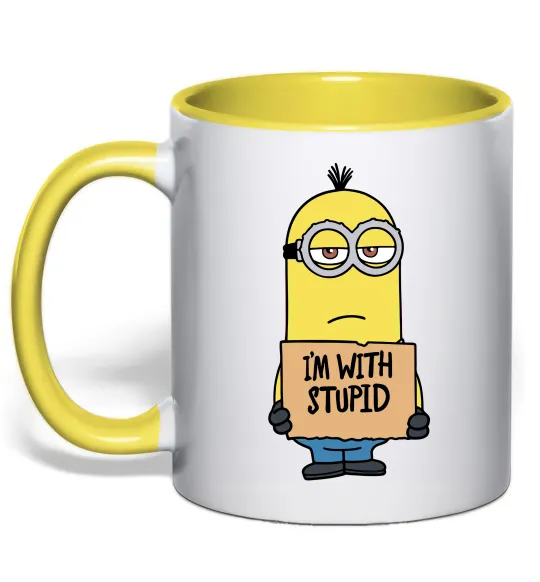 Чашка с цветной ручкой Minion I`m with stupid Лимонный фото