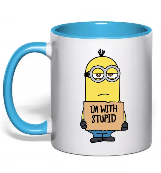 Чашка с цветной ручкой Minion I`m with stupid Голубой фото
