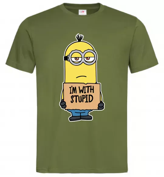 Чоловіча футболка Minion I`m with stupid Оливковий фото