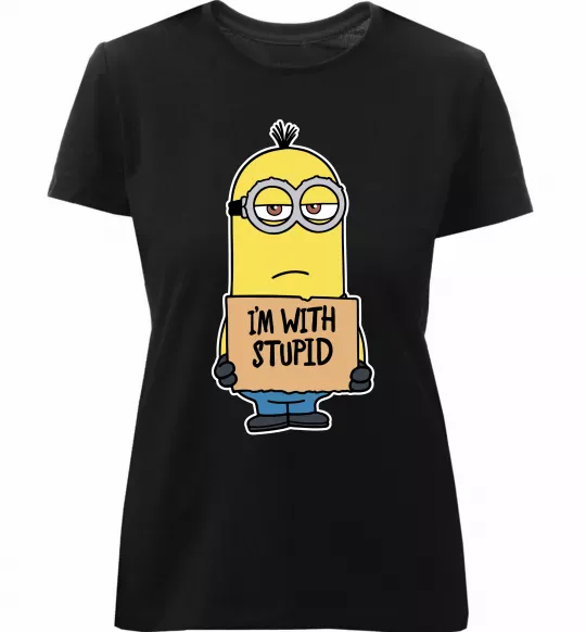 Женская премиум футболка Minion I`m with stupid Черный фото