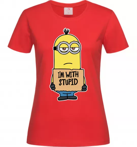 Женская футболка Minion I`m with stupid Красный фото