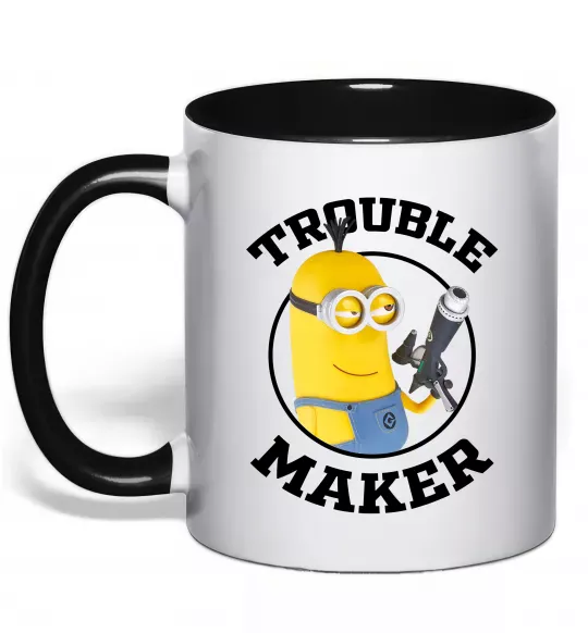 Чашка з кольоровою ручкою Trouble maker minion Чорний фото