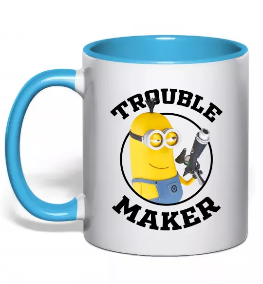 Чашка з кольоровою ручкою Trouble maker minion Блакитний фото