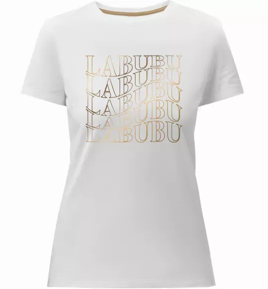 Женская премиум футболка Labubu золотий напис Белый фото