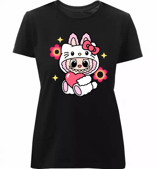 Женская премиум футболка Labubu Hello Kitty Черный фото