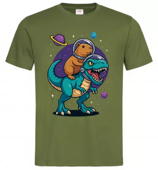 Мужская футболка Динозавр та капібара в космосі Оливковый фото