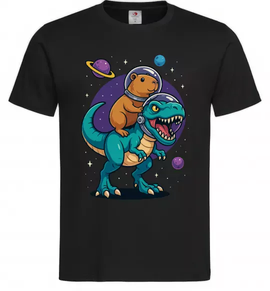 Мужская футболка Динозавр та капібара в космосі Черный фото