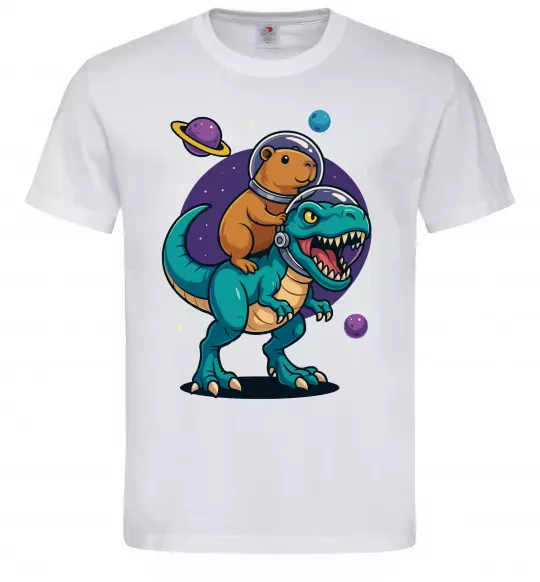 Мужская футболка Динозавр та капібара в космосі Белый фото