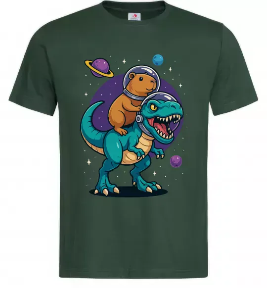 Мужская футболка Динозавр та капібара в космосі Темно-зеленый фото