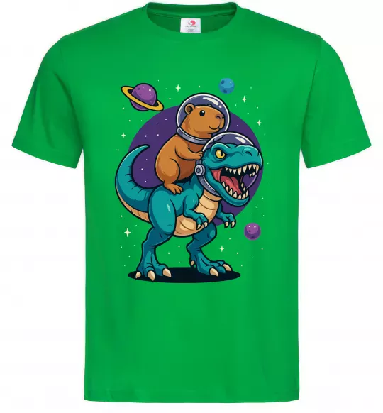 Мужская футболка Динозавр та капібара в космосі Зеленый фото