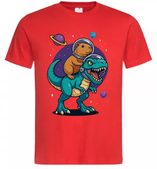 Мужская футболка Динозавр та капібара в космосі Красный фото