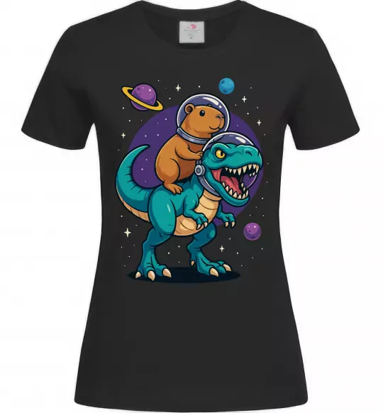 Женская футболка Динозавр та капібара в космосі Черный фото