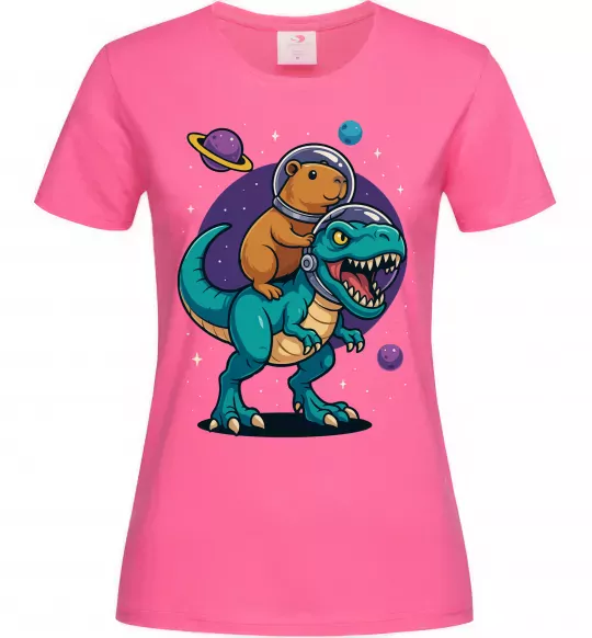 Женская футболка Динозавр та капібара в космосі Ярко-розовый фото
