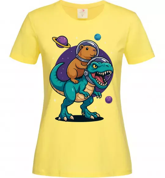 Женская футболка Динозавр та капібара в космосі Лимонный фото