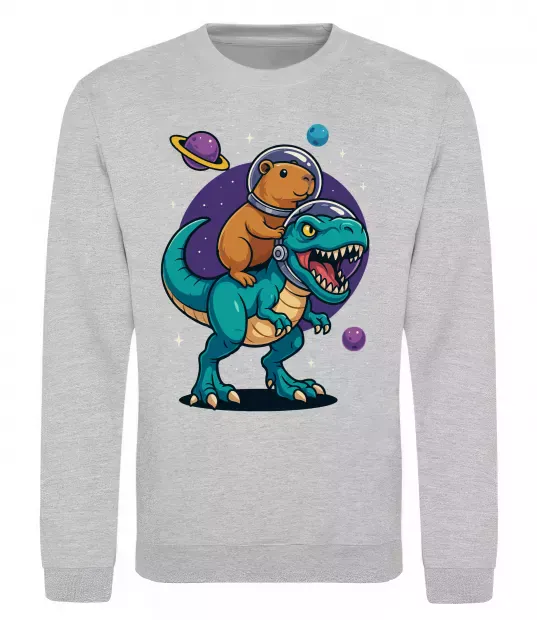 Світшот Динозавр та капібара в космосі Сірий меланж фото
