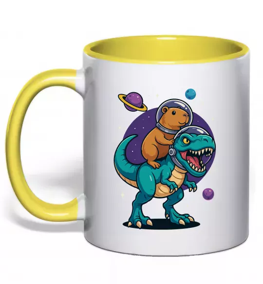 Чашка з кольоровою ручкою Динозавр та капібара в космосі Сонячно жовтий фото