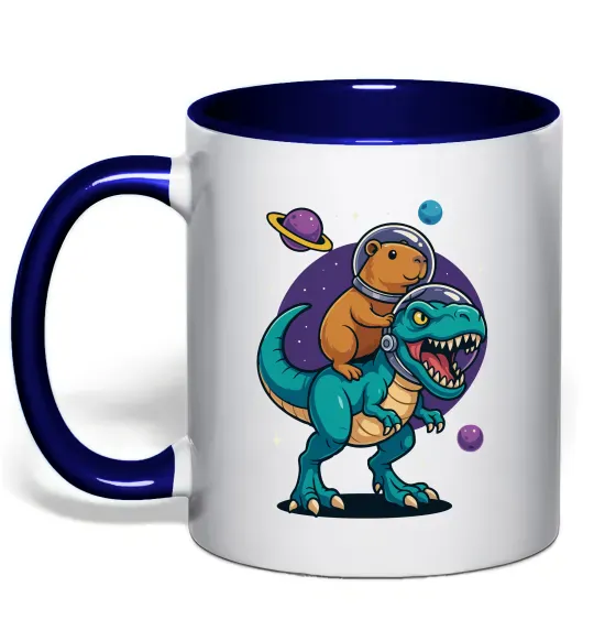 Чашка з кольоровою ручкою Динозавр та капібара в космосі Глибокий темно-синій фото