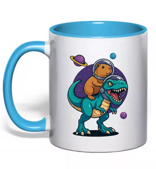 Чашка з кольоровою ручкою Динозавр та капібара в космосі Блакитний фото