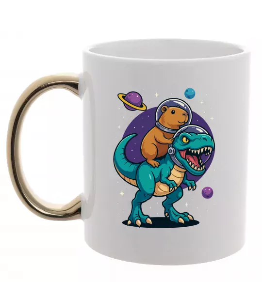 Чашка з кольоровою ручкою Динозавр та капібара в космосі Золото фото