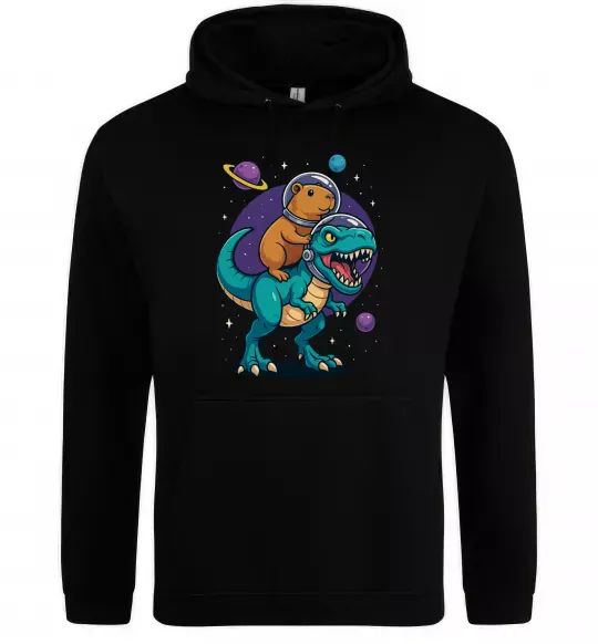Чоловіча толстовка (худі) Динозавр та капібара в космосі Чорний фото
