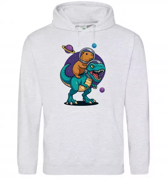 Чоловіча толстовка (худі) Динозавр та капібара в космосі Сірий меланж фото