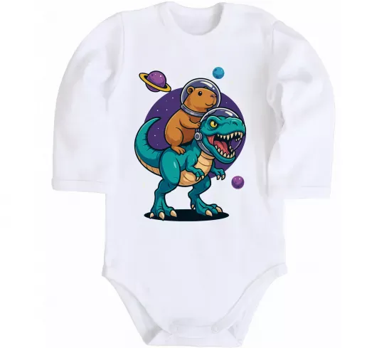 Дитячий бодік Динозавр та капібара в космосі Білий фото