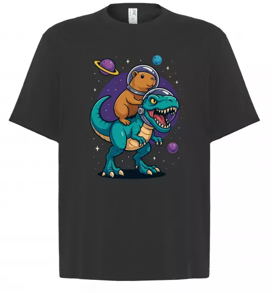 Футболка Оверсайз Динозавр та капібара в космосі Черный фото