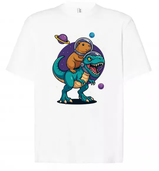 Футболка Оверсайз Динозавр та капібара в космосі Белый фото
