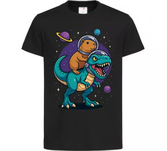 Детская футболка Динозавр та капібара в космосі Черный фото