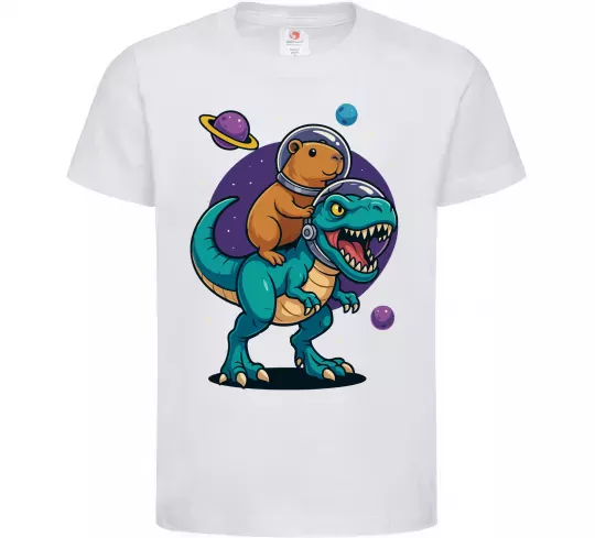 Детская футболка Динозавр та капібара в космосі Белый фото