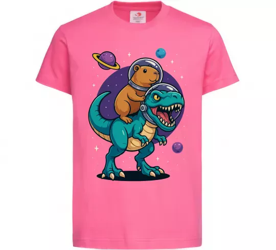Детская футболка Динозавр та капібара в космосі Ярко-розовый фото