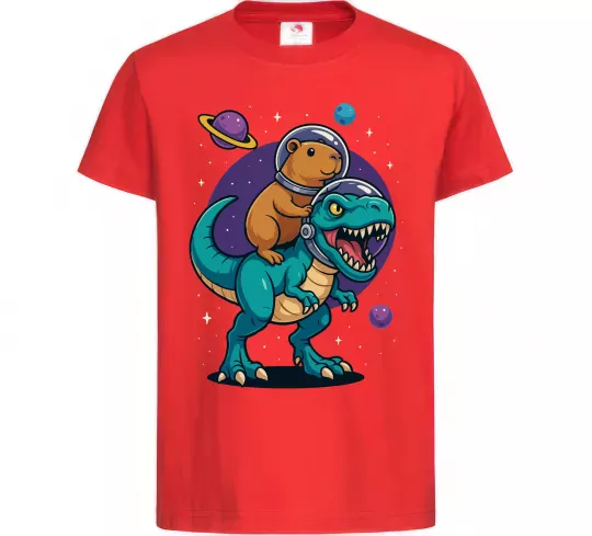 Детская футболка Динозавр та капібара в космосі Красный фото