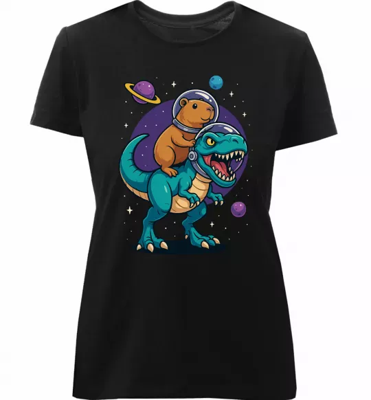 Жіноча преміум футболка Динозавр та капібара в космосі Чорний фото