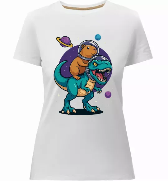 Жіноча преміум футболка Динозавр та капібара в космосі Білий фото