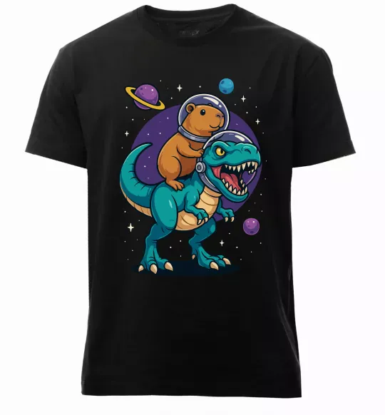 Чоловіча преміум футболка Динозавр та капібара в космосі Чорний фото
