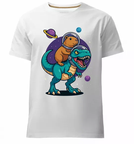 Чоловіча преміум футболка Динозавр та капібара в космосі Білий фото