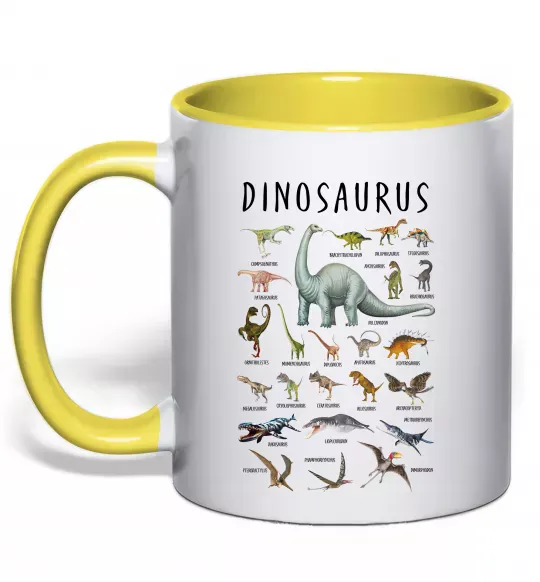 Чашка з кольоровою ручкою Види динозаврів Сонячно жовтий фото