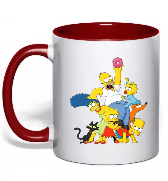 Чашка с цветной ручкой Сімпсони полювання за донатом Красный фото