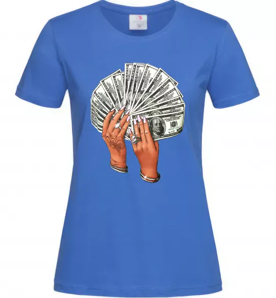 Жіноча футболка Бакси в жіночих руках Яскраво-синій фото