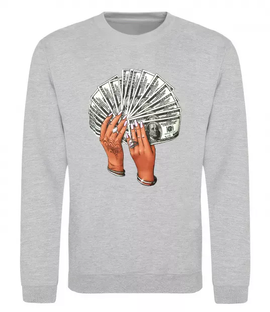 Світшот Бакси в жіночих руках Сірий меланж фото