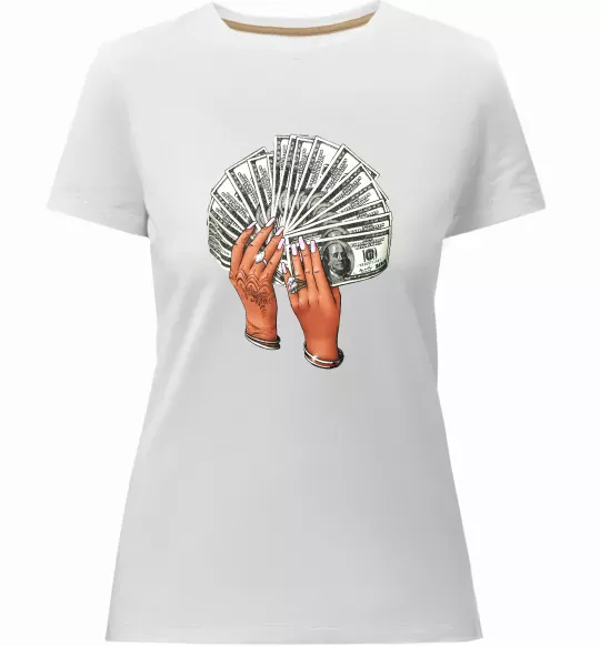 Жіноча преміум футболка Бакси в жіночих руках Білий фото