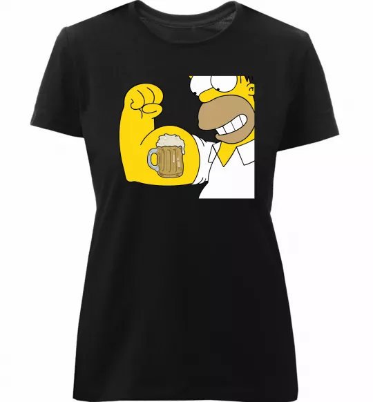Женская премиум футболка Гомер з пивом Черный фото