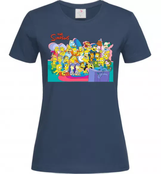 Жіноча футболка Сімпсони персонажі перед телевізором Темно-синій фото