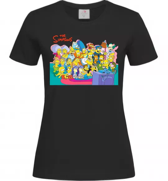 Жіноча футболка Сімпсони персонажі перед телевізором Чорний фото