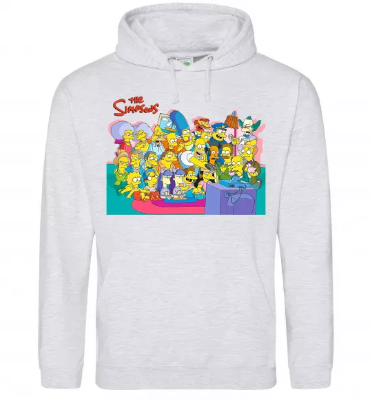 Мужская толстовка (худи) Сімпсони персонажі перед телевізором Серый меланж фото