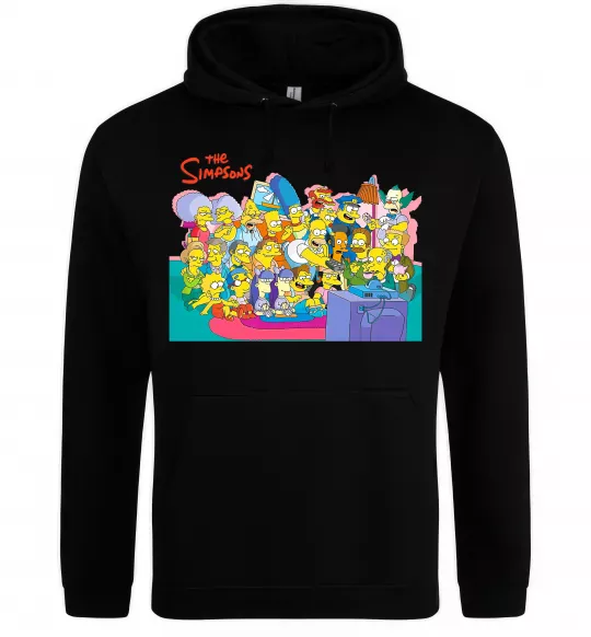 Женская толстовка (худи) Сімпсони персонажі перед телевізором Черный фото