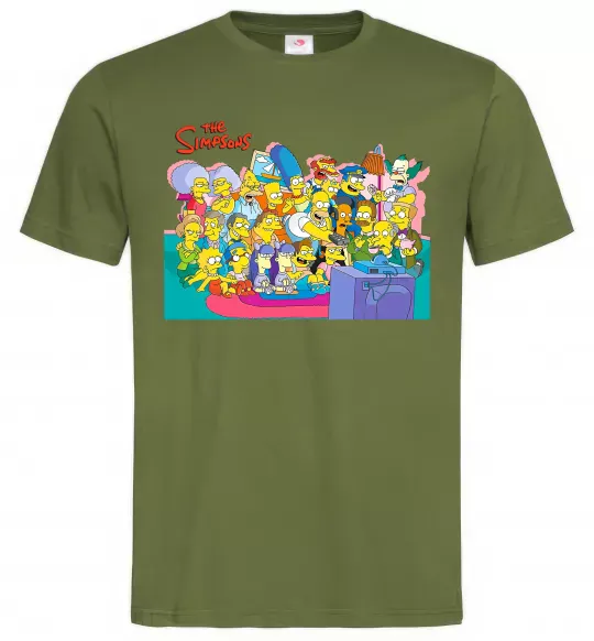 Чоловіча футболка Сімпсони персонажі перед телевізором Оливковий фото