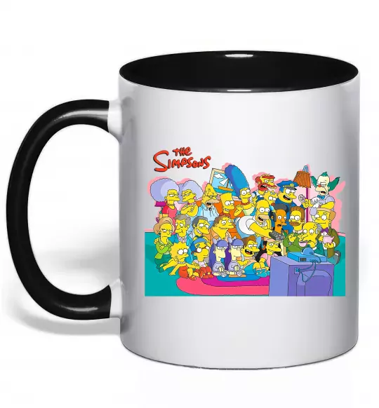 Чашка з кольоровою ручкою Сімпсони персонажі перед телевізором Чорний фото